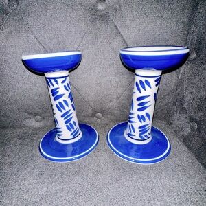 Vintage Dansk Arabesque Blue White Ceramic Candle Holders Set 2 great condition